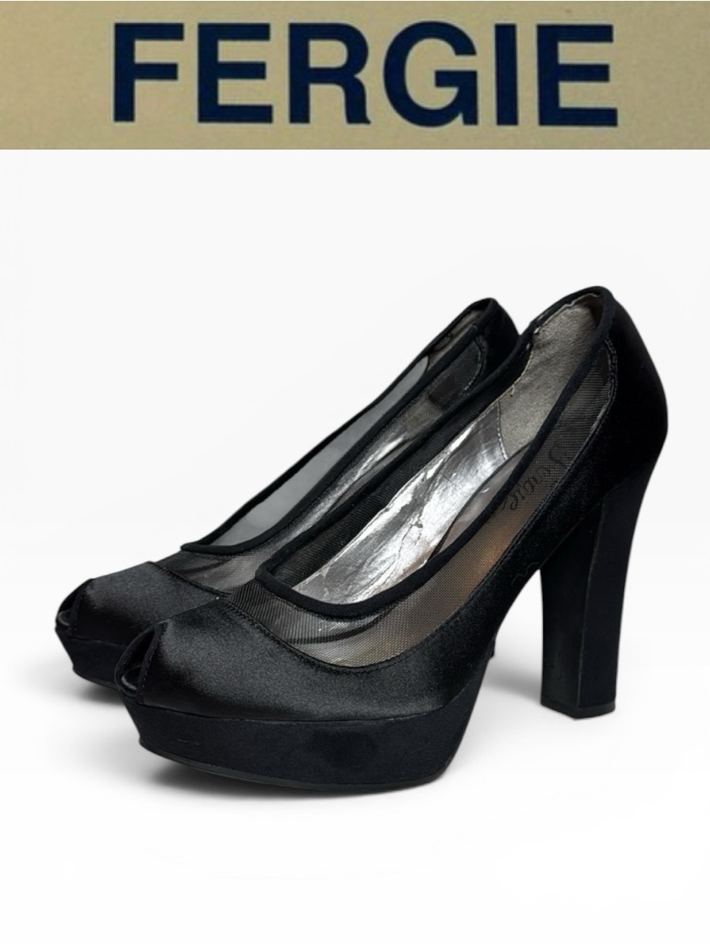 FERGIE Y2K MYTH BLACK SATIN MESH PEEP TOE PLATFORM HEELS SIZE 9